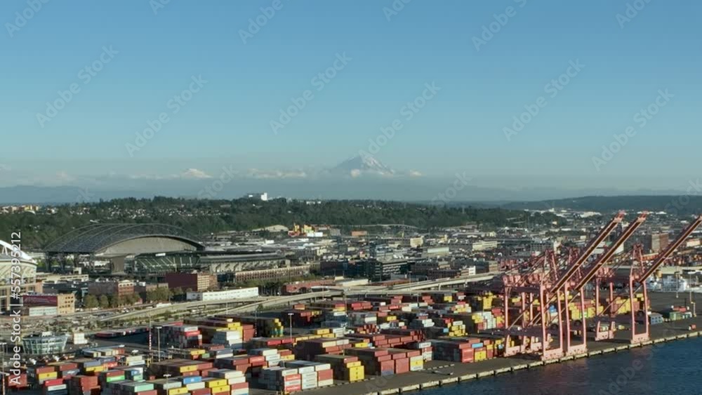 Aerial view of the Seattle shipyard with Mount Rainier looming in the backdrop. Aerial view of the Seattle shipyard with Mount Rainier looming in the backdrop.