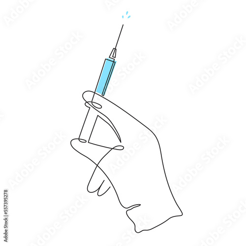 Gloved hand holding syringe, one line art, continuous drawing contour.Coronavirus vaccination, health care injection, treatment,beauty shot.Medical concept,injection dose.Editable stroke.Vector