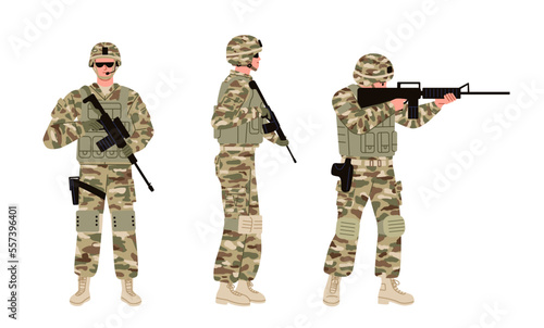 Soldiers set. Military man, wearing sunglasses holding a rifle isolated. Flat vector illustration.