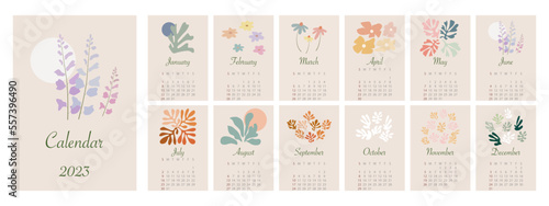 Calendar 2023. The week starts on Sunday. Minimalist wall calendar with spring flowers. In an abstract style.