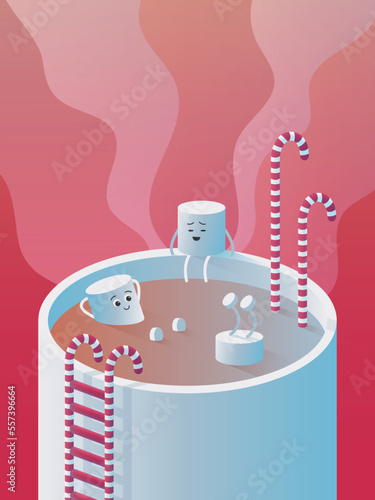 Funny cartoon marshmallow in a cup of hot chocolate. Zephyr with sweets.