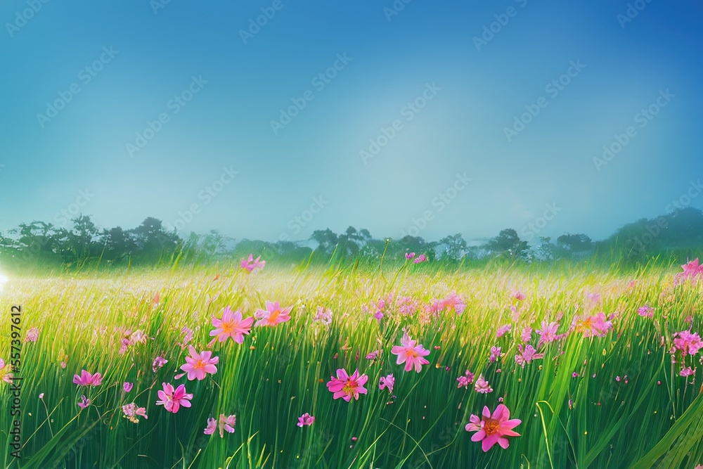Beautiful Pink Spring Flowers with Blue Sky   (Generative AI)