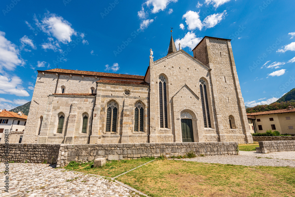 Medieval Cathedral of Venzone. Church of St. Andrew the Apostle, 1308. Destroyed by the 1976 earthquake and rebuilt between 1988 and 1995. Udine province, Friuli-Venezia Giulia, Italy, Europe.