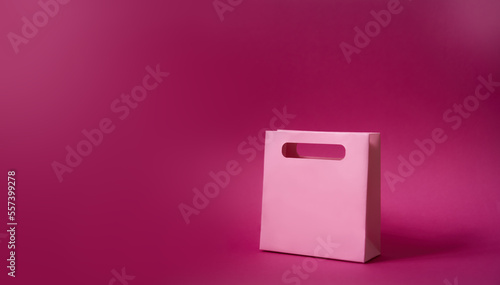 sale concept. Shopping bag isolated on pink plain neutral background, christmas gift valentines day birthday girl presents, black friday, cyber monday. Horizontal photo, copy space, shop, on the side