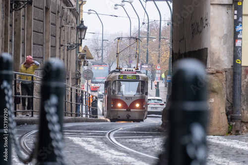 Prague old tram at day