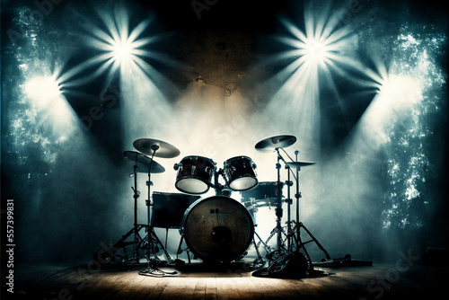 Drum set on stage in the spotlight. AI generated