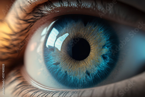 Human blue eye realistic beautiful closeup zoom, created by Generative AI. photo