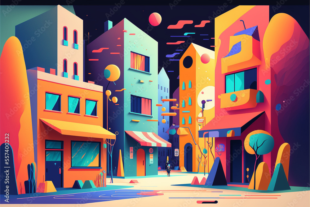 カラフルな家の街並みイラスト、Generative AI カラフルな家の街並みイラスト、Generative AI