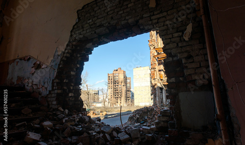 Bilde på lerret destroyed and burned houses in the city Russia Ukraine war