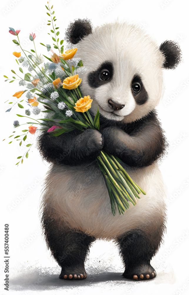 Cute panda holds a bouquet of flowers in its paws. AI generated Cute panda holds a bouquet of flowers in its paws. AI generated