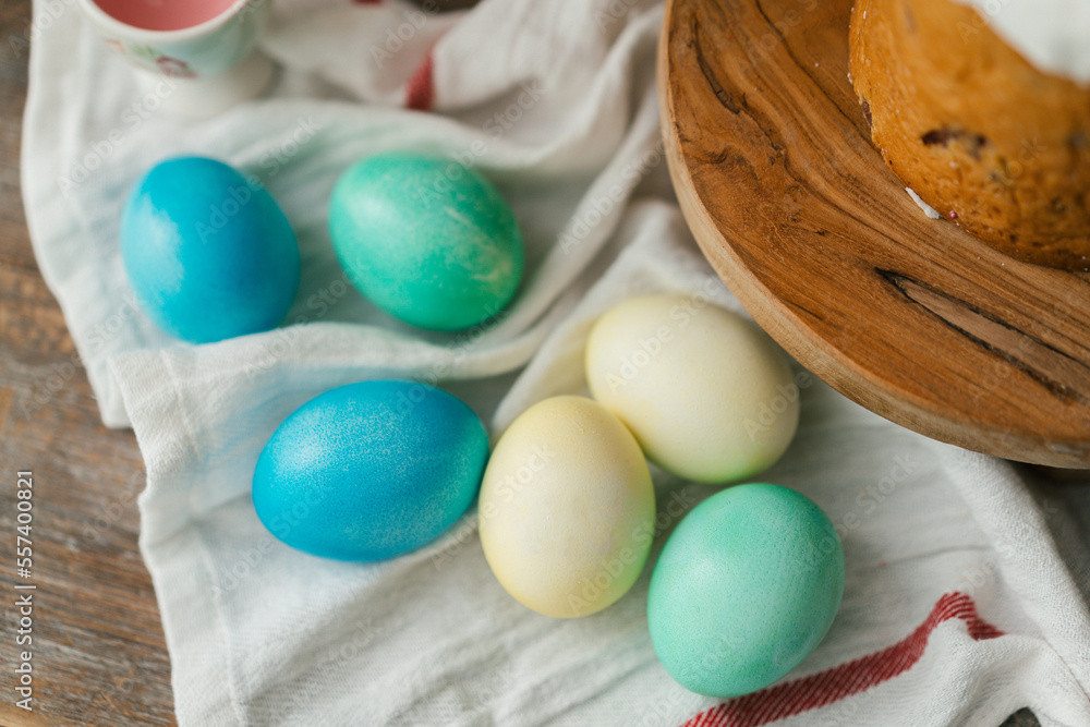Easter eggs colored in Ukrainian style like Ukrainian flag yellow and blue colors. Easter symbols top view Easter eggs colored in Ukrainian style like Ukrainian flag yellow and blue colors. Easter symbols top view