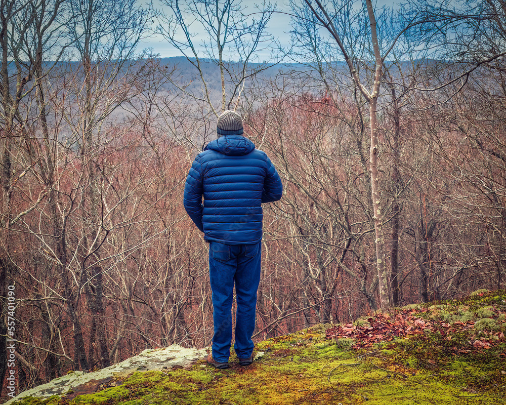 Hiker standing on an edge of a cliff with a great view overlooking mountain valley at the Walls of Jericho Tennessee Trail.