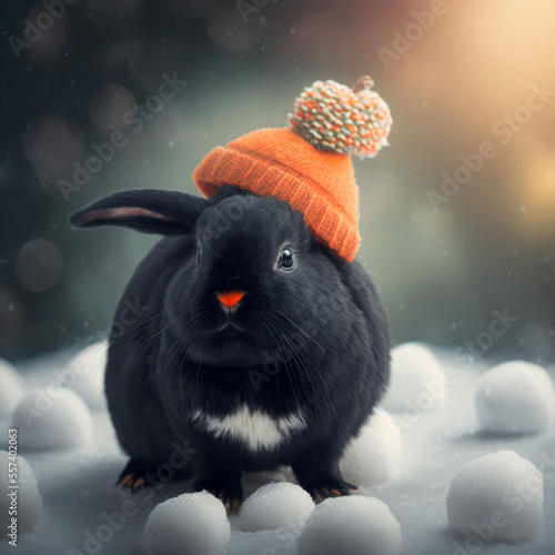 cute adorable black chunky round rabbit with a carrot in a christmas hat