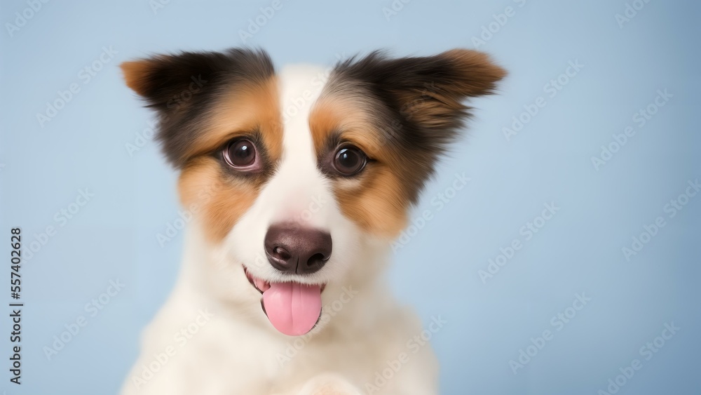 A cute, smiling Australian Shepherd dog in studio lighting with a colorful background. Sharp and in focus. Ideal for adding a friendly touch to any project.