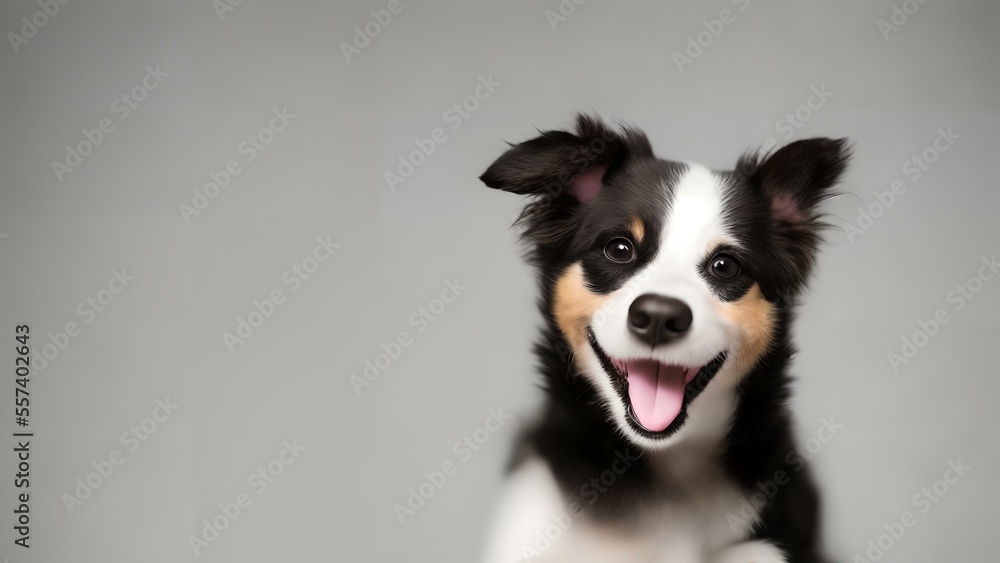 A cute, smiling Australian Shepherd dog in studio lighting with a colorful background. Sharp and in focus. Ideal for adding a friendly touch to any project.