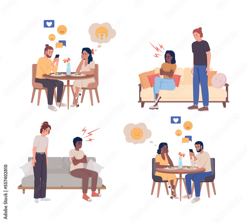 Relationship problem semi flat color vector characters set. Gadget addiction. Editable figures. Full body people on white. Simple cartoon style illustration for web graphic design and animation