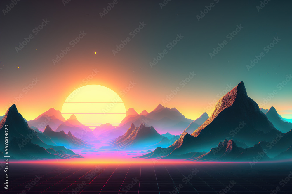Digital cyberpunk mountain landscape landscape at sunset, Generative AI illustration