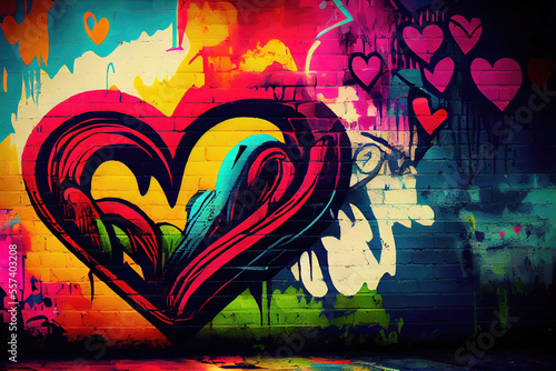 Colorful graffiti heart on brick wall as love symbol illustration (Generative AI)