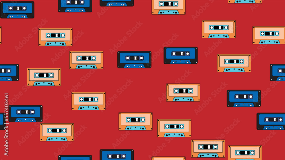 Seamless pattern endless with music audio cassettes old retro vintage hipster from 70s, 80s, 90s isolated on red background. Vector illustration Seamless pattern endless with music audio cassettes old retro vintage hipster from 70s, 80s, 90s isolated on red background. Vector illustration