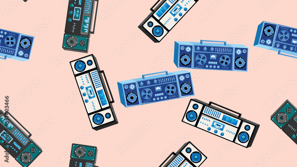 Fototapeta premium Seamless pattern endless with music audio cassette old retro tape recorders vintage hipster from 70s, 80s, 90s isolated on brown background. Vector illustration