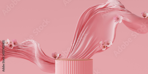 3D background, pink podium display. Sakura pink flower on pastel silk cloth. Cosmetic or beauty product promotion step floral pedestal. Abstract minimal advertise. 3D render copy space spring mockup.
