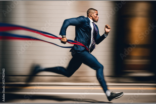 Business success concept with young afro American business man wearing a suit reaching the finish line. Generative AI illustration 