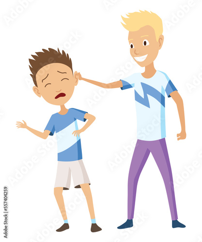 Kids bullying. Childish bullies or verbal and physical conflict between children. Bad child behavior, scared and strong angry children conflict, cartoon characters confrontation