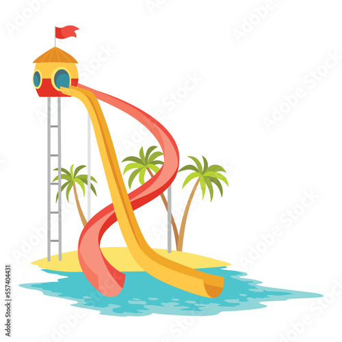 Waterpark water slide with colored plastic screw slide. Aquapark and swimming pool equipment, recreation or amusement park, fun graphic design elements. Summer attraction