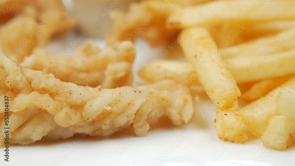 cooked squid rings and shrimp on a plate top view cooked squid rings and shrimp on a plate top view