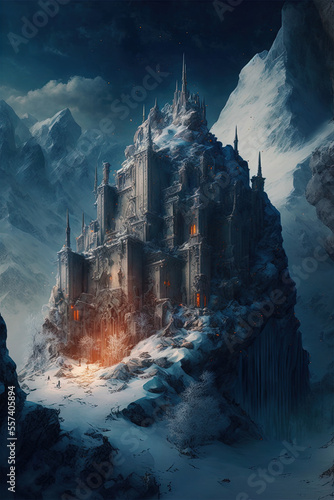Fantasy Medieval Castle in Snowy Mountains, Concept Art, Digital Illustration, Generative AI