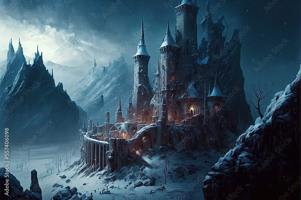 Fantasy Medieval Castle in Snowy Mountains, Concept Art, Digital Illustration, Generative AI - obrazy, fototapety, plakaty 
