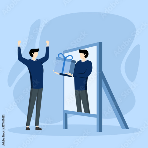 Happy businessman getting present from himself in mirror for self motivation. Reward yourself when success or achieving personal goals to increase motivation and inspiration, winning concept.