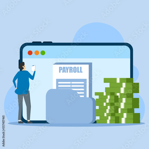 The concept of setting financial administration. Business accounting, organization and auditing concept. Characters calculating and filling payslips and payroll reports. Vector illustration.