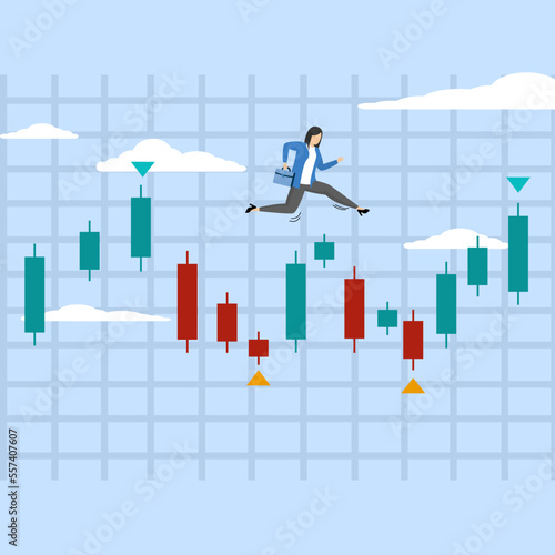 Investment trading concept, Successful trader making profit by growing stock market, Confident businesswoman investor with money bag walking on candlestick chart, investment trading.