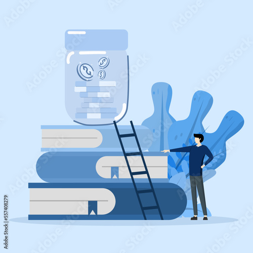 Education cost concept. Student character investing money in education, taking loan from friends or colleagues. University and tuition fee concept. Vector illustration