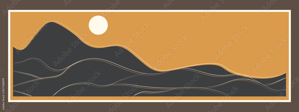 Obraz premium Minimalist abstract art landscape mountain with sunrise, sunset or moon by line art texture isolated on dark grey black background. Minimal luxury style for wallpaper, banner, wall art decoration.
