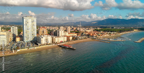 Panoramic aerial view of Follonica, Italy. Coastline of Tuscany with town and ocean © jovannig