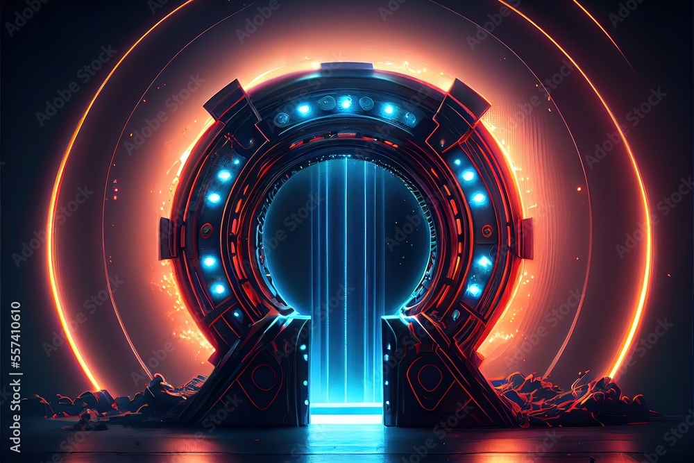 Generative AI illustration of high tech fantasy round portal neon light, illumination entrance, galaxy doors, appliances, cyberpunk. Abstract neon background, portal, entrance