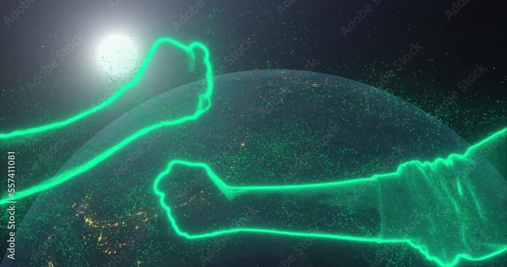 Youth greeting, handshake. Concept of confrontation, meeting. Neon glowing outlines turquoise hands against the backdrop of space, rotating planet earth and the bright sun. Youth greeting, handshake. Concept of confrontation, meeting. Neon glowing outlines turquoise hands against the backdrop of space, rotating planet earth and the bright sun.