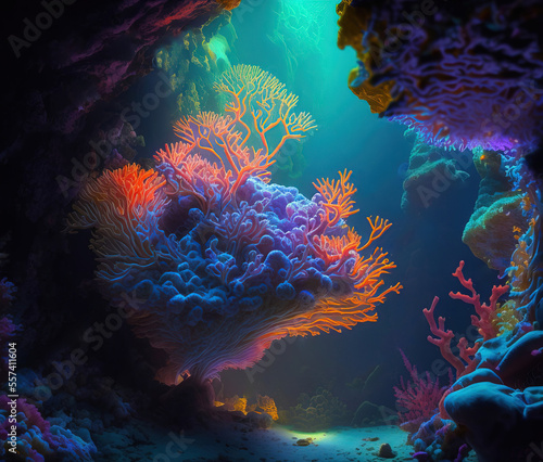 Underwater world, corals in the depths of the ocean. Sea flowers, underwater deep flora and fauna. Colorful neon corals. Digital art painting
