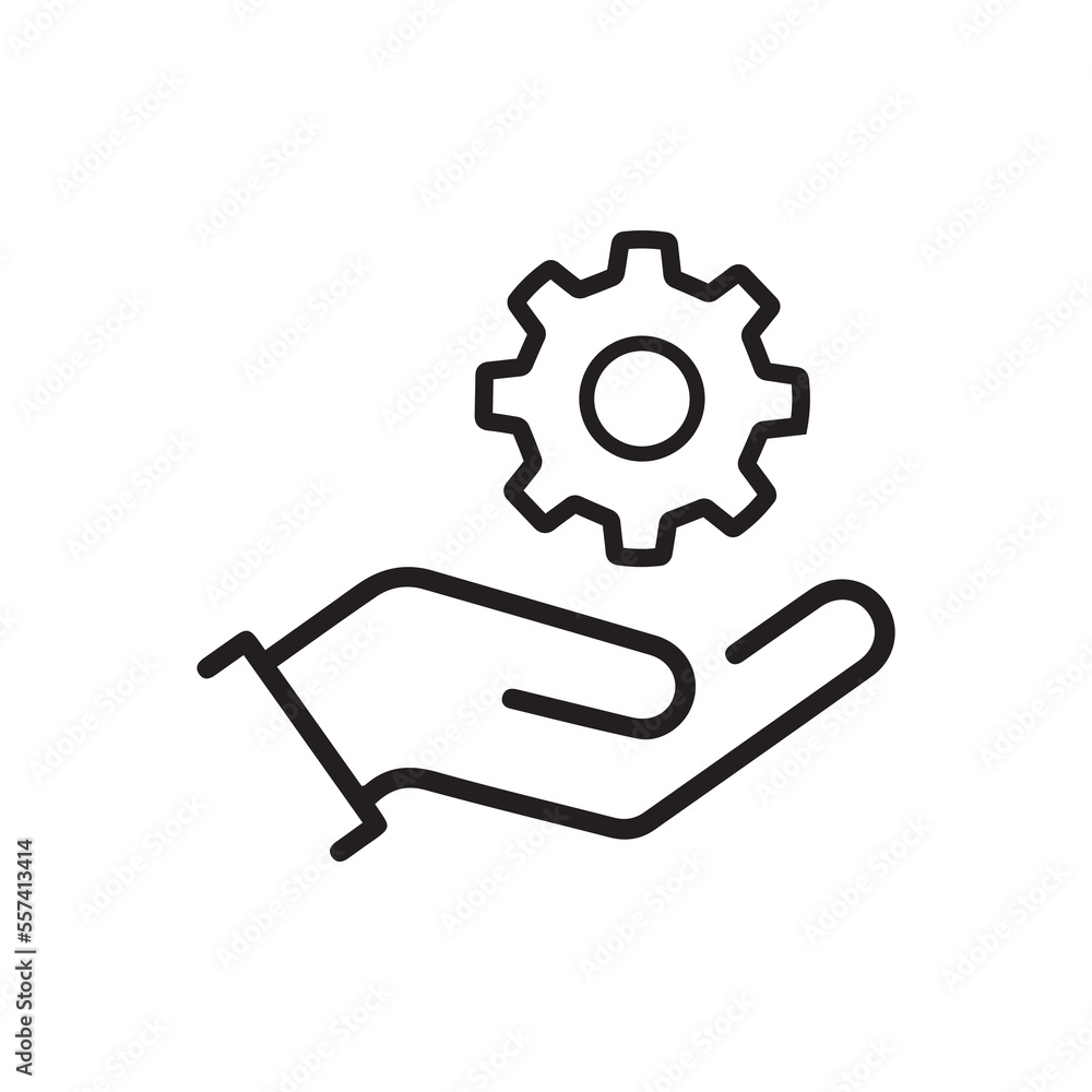 Profession of engineer concept. Line icon of faceless person demonstration round gear with lots of teeth on hand Profession of engineer concept. Line icon of faceless person demonstration round gear with lots of teeth on hand