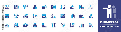 Dismissal icon collection. Duotone color. Vector illustration. Containing evaluate, search, dismiss, dismissal, fall, cut, rejected, fired, boss, skills, tnt, no credit card, id card, mail, and more.