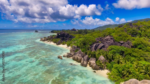 Aerial view of Anse Source Argent Beach in La Digue, Seychelles Islands - Africa © jovannig