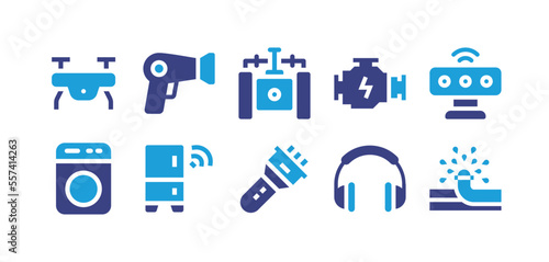 Electronics icon set. Duotone color. Vector illustration. Containing drone, hair dryer, steadycam, car engine, motion sensor, wahing machine, refrigeration, flashlight, headphones, electronics.