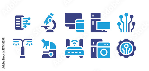 Electronics icon set. Duotone color. Vector illustration. Containing source code, microscope, responsive, electronics, electrical circuit, street light, wifi, electrical appliance, technology.