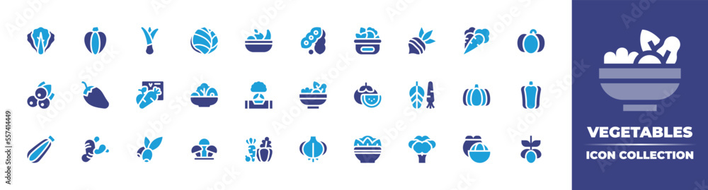 Vegetables icon collection. Duotone color. Vector illustration. Containing lettuce, acorn squash, green onion, red cabbage, fruits, soy, healthy food, beet, carrot, pumpkin, blueberry, and more.