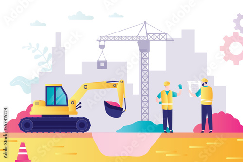 Construction site, crane builds a house, excavator digs a hole. Workers in uniform, construction process. Machines and engineers men at a construction site.