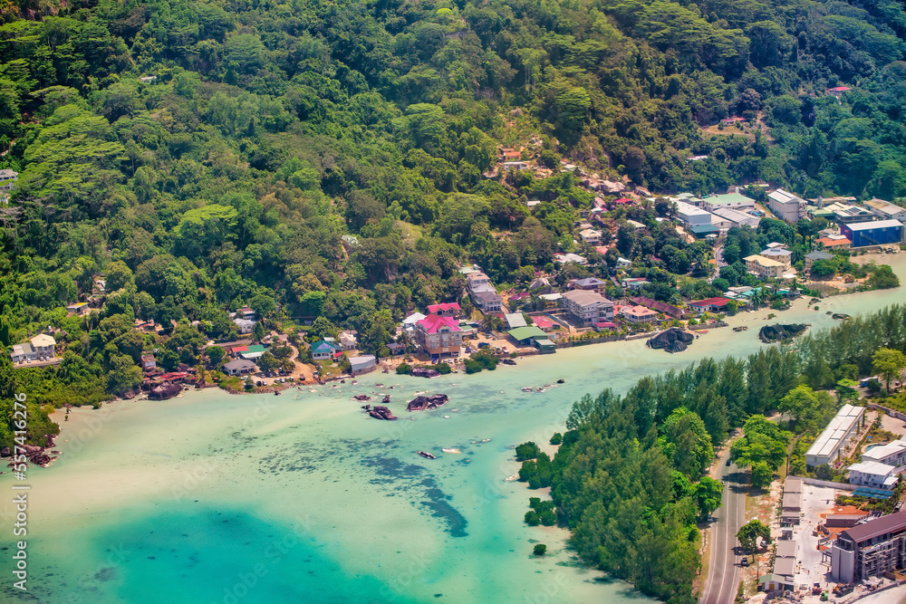 Aerial view of Mahe' Island and homes from airplane, Seychelles
