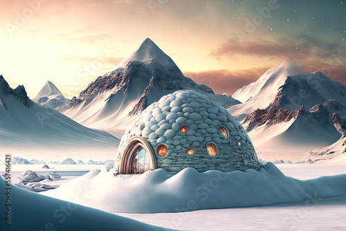 Tableau sur toile Snow-covered small snow igloo in middle of snowy mountain plain