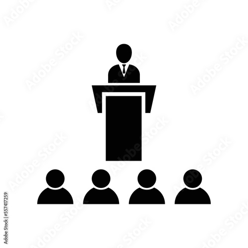 Speaker and students in the hall - black icon on white background vector illustration for website, mobile application, presentation, infographic. Business presentation concept sign.